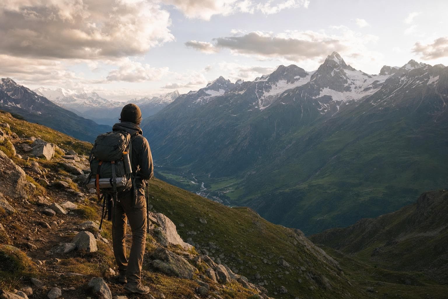 Randonneur contemplant une vallée de montagne déserte dans la lumière dorée du soir