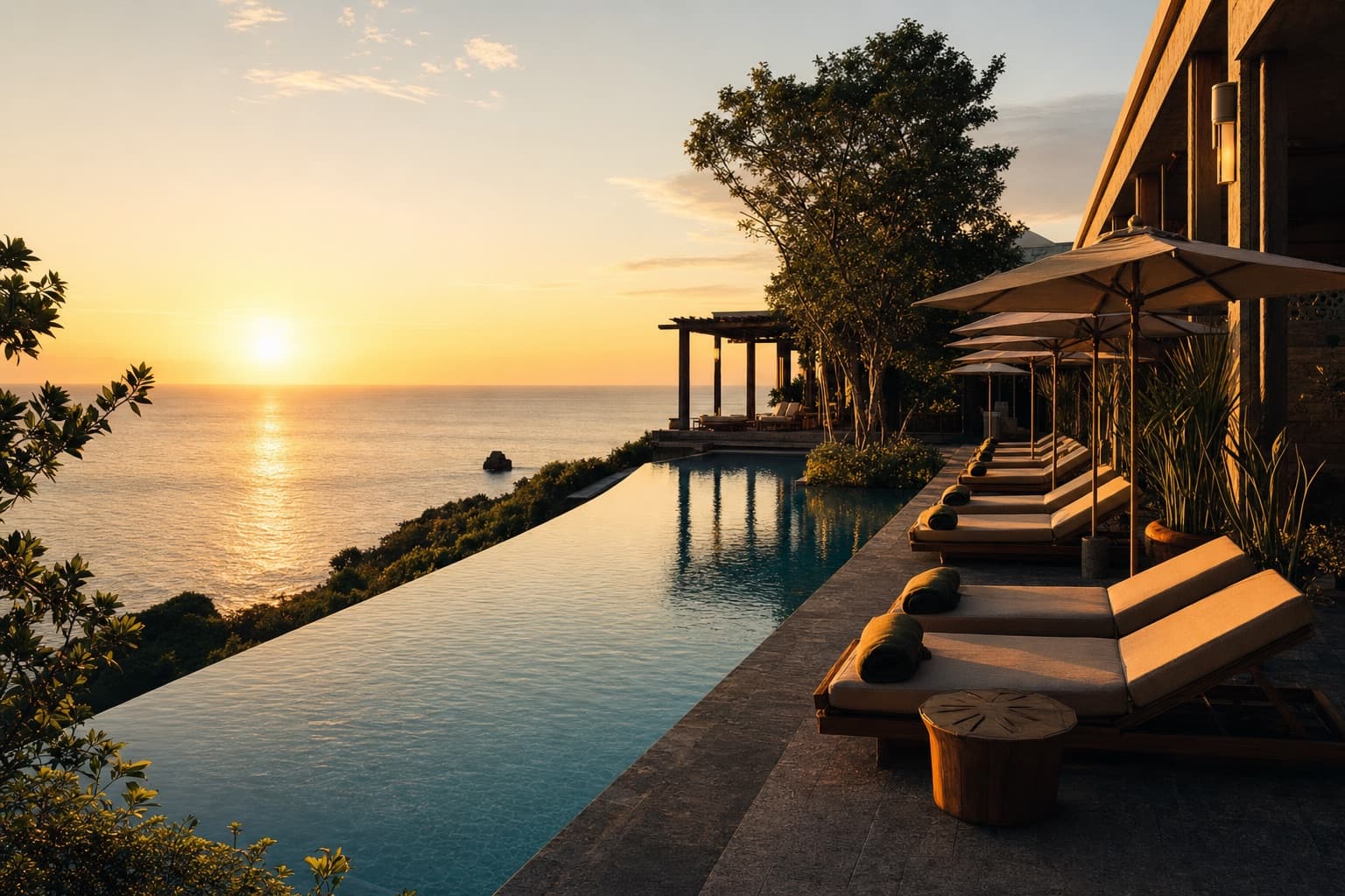 Piscine d'hôtel filmée au coucher du soleil